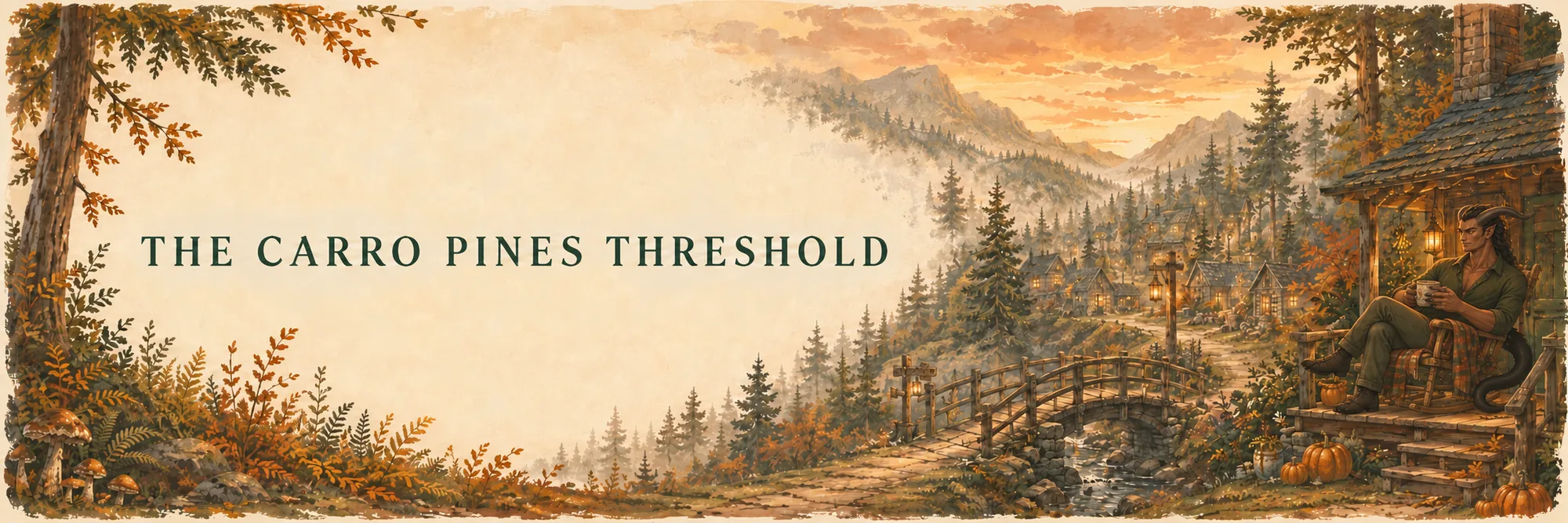 The Carro Pines Threshold series band — a misty mountain town and footbridge at October dusk