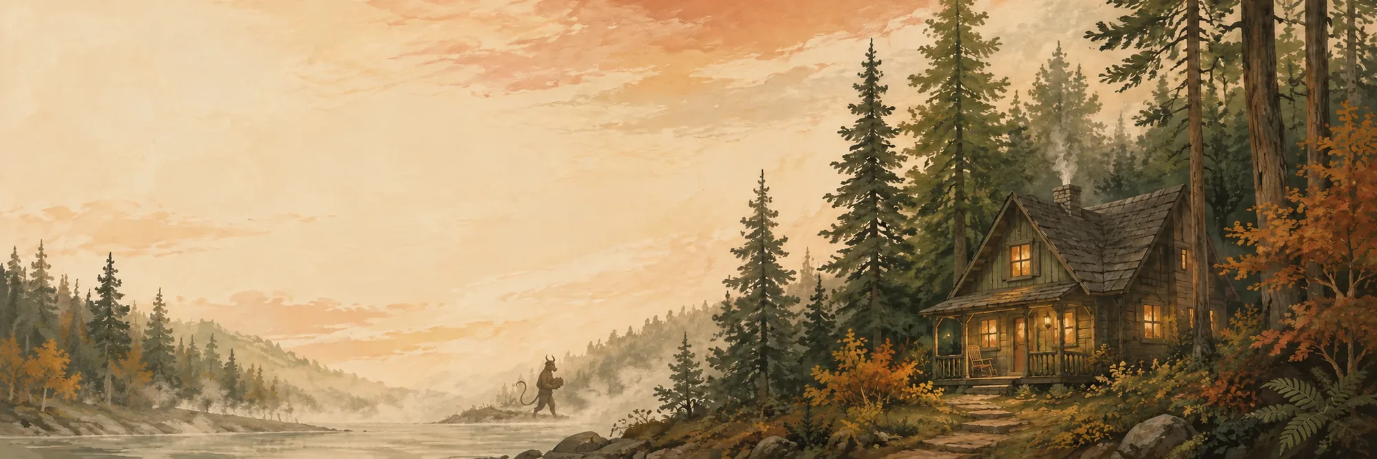 A warm gouache illustration of a lakeside mountain cabin at dusk, woodstove smoke rising into a pale autumn sky