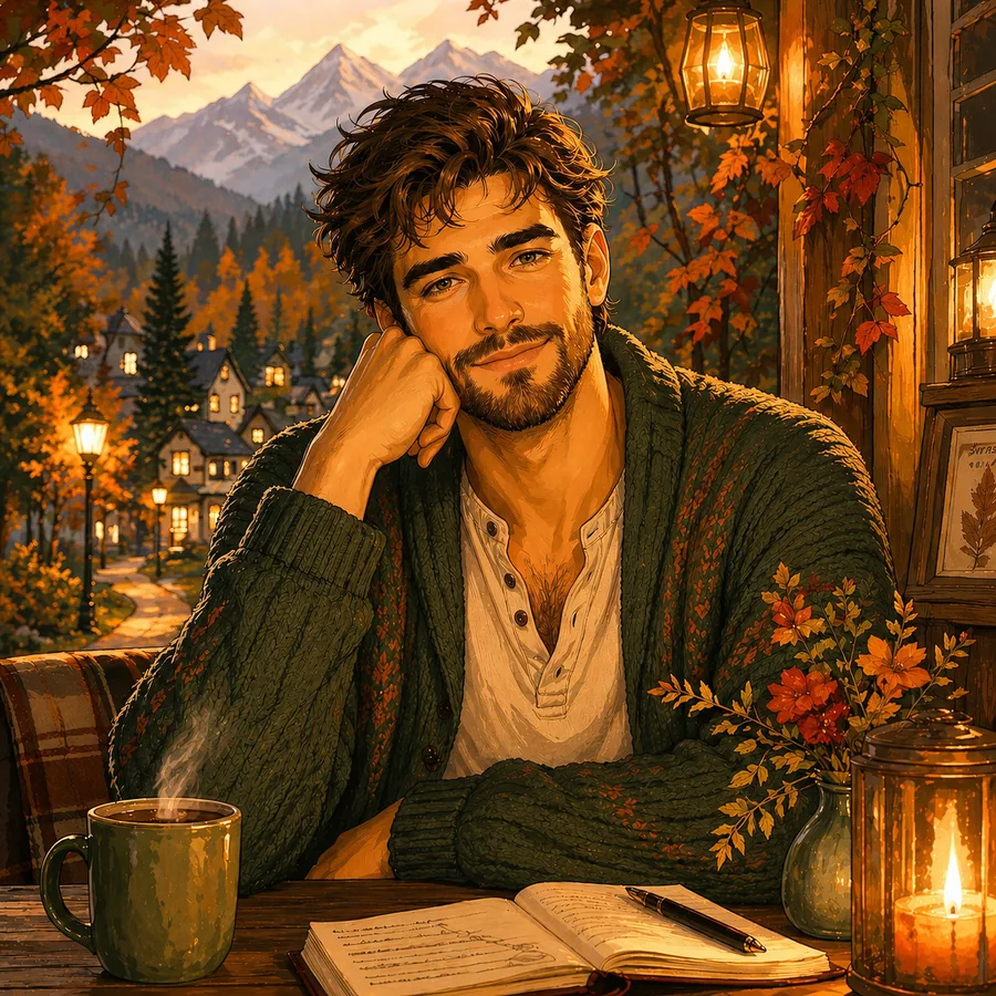 A warm gouache illustration of Remy Alder in a chunky knit sweater, cabin lamplight behind him