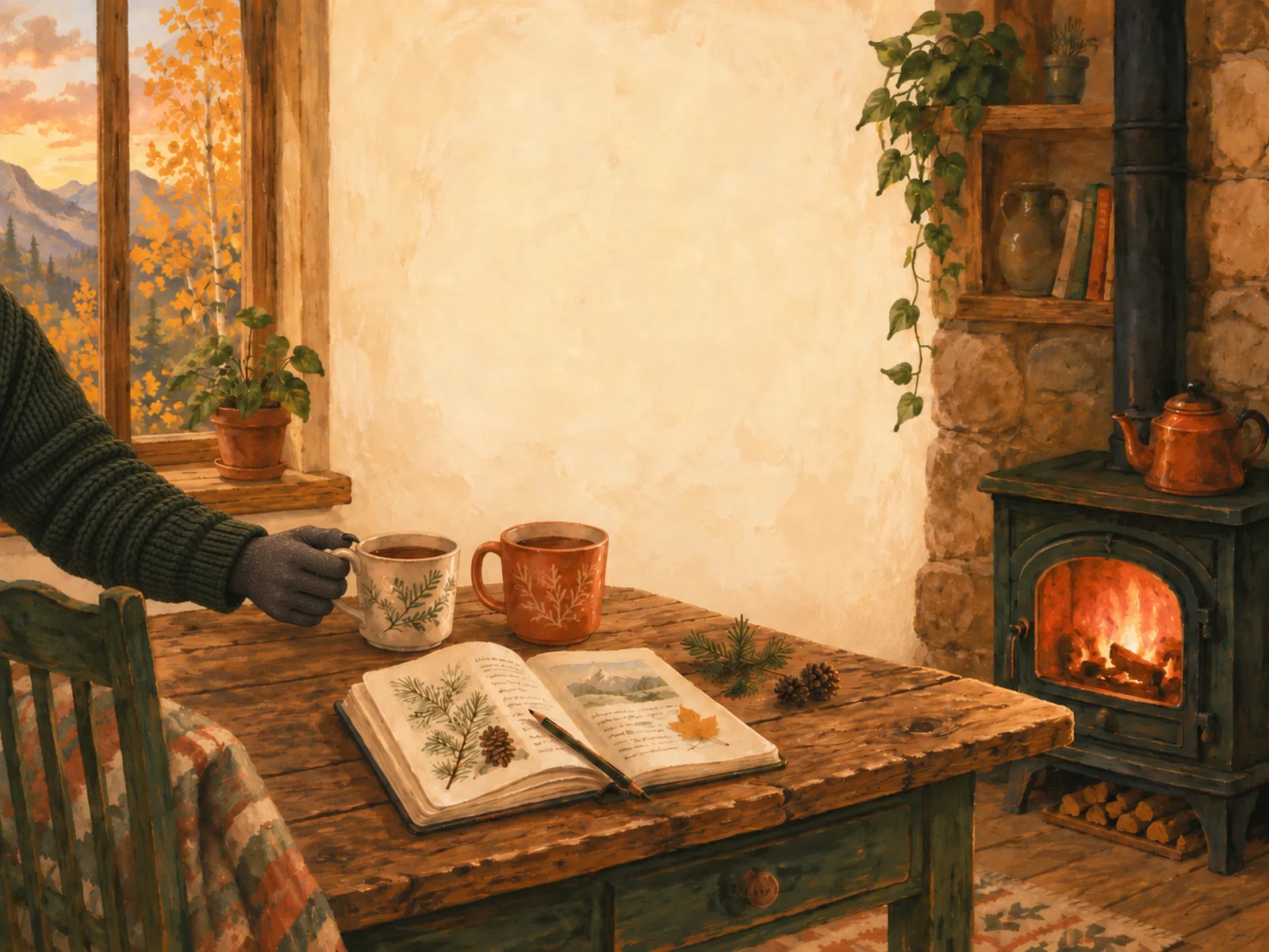 A cozy cabin kitchen at dusk in warm gouache — two mugs of tea, an open naturalist's notebook, a glowing woodstove