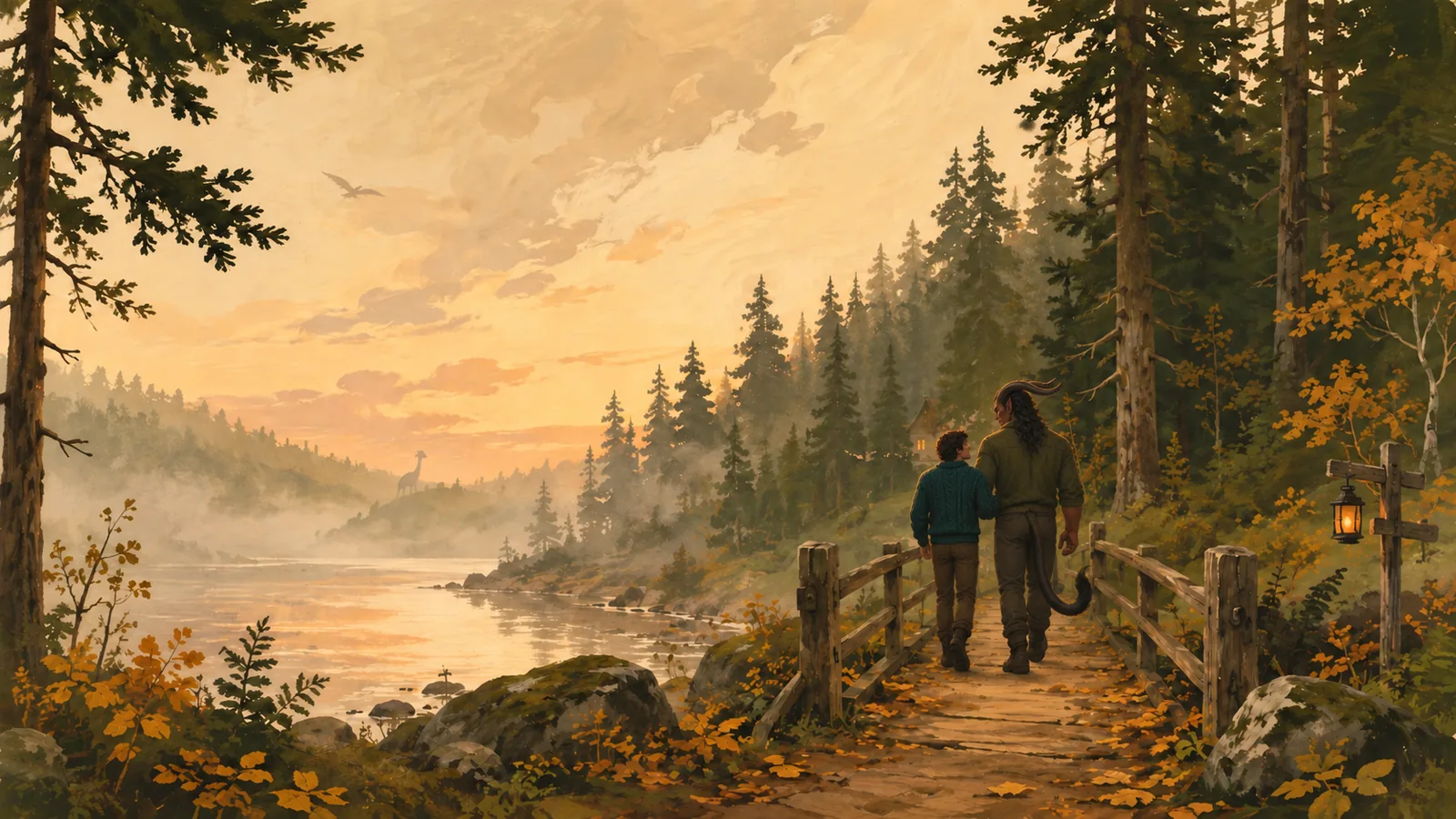 A misty forest and lake at October dusk in warm gouache, a threshold between town and the gentle strange